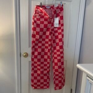 Zara Red and White Checkered Women's Wide Leg Jeans